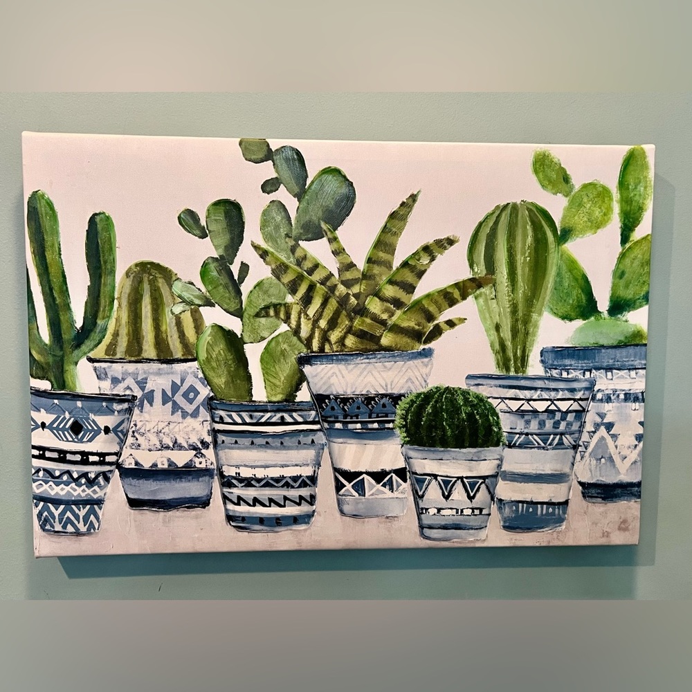 Cactus Canvas Wall Art with Blue and Green Accents
